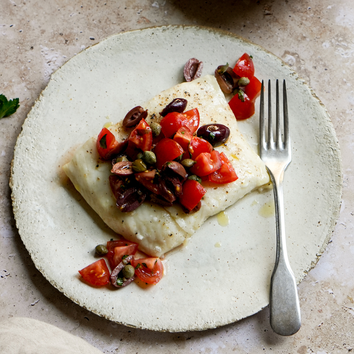 Grilled Halibut with Tomato, Olive and Caper Salsa